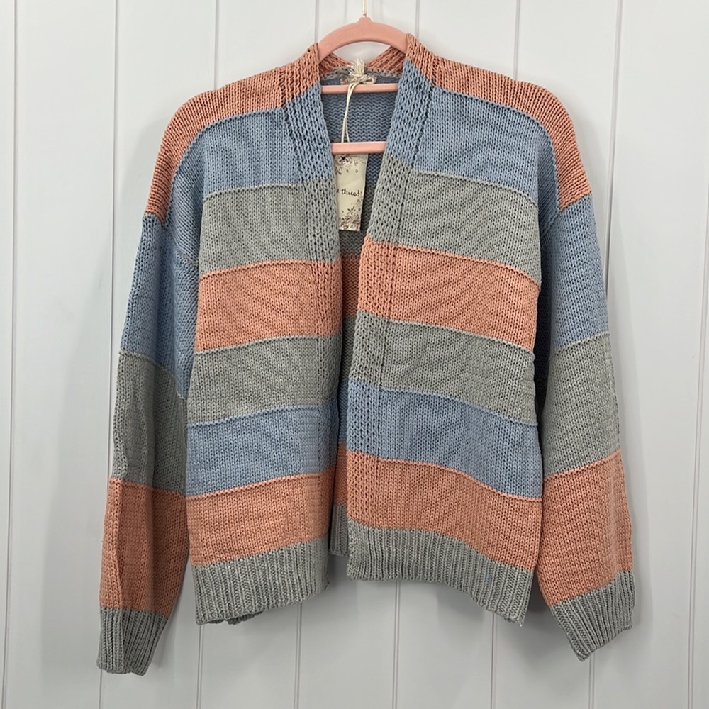 703. Hem & Thread Open Cardigan Sweater Color Block Stripe Cotton Blend New Item - Picture 9 of 12